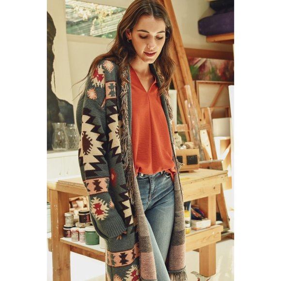 Sage Aztec Print Fringe Cardigan - Picture 4 of 6